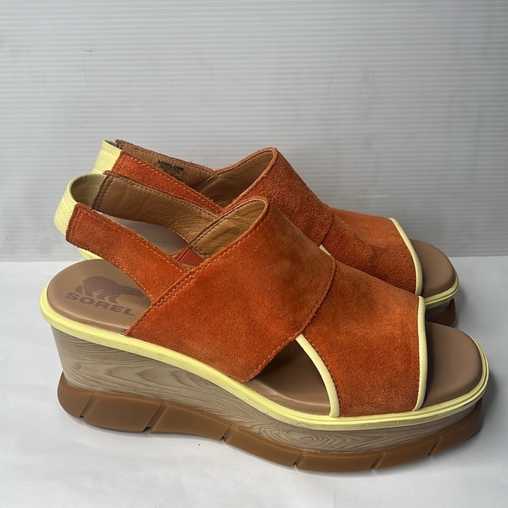 Sorel Sz 7 Joanie Burnt Orange Suede Yellow Leather Wedge Sandals - Picture 4 of 8